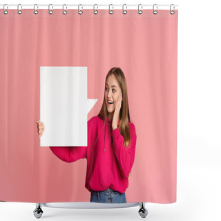 Personality  Surprised Girl Holds Abstract Place For Words And Touches Cheek With Hand Shower Curtains