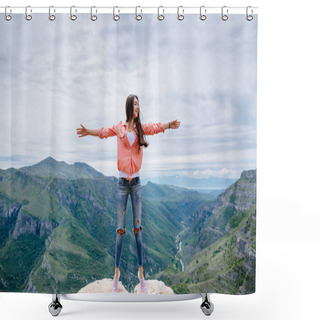 Personality  Joyful Woman Travel Mountains Shower Curtains
