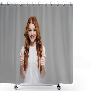 Personality  Beautiful Redhead Girl Looking At Camera, Smiling And Showing Thumbs Up Isolated On Grey With Copy Space Shower Curtains