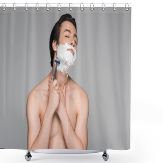 Personality  Shirtless Man With White Foam On Face Shaving With Safety Razor Isolated On Grey Shower Curtains