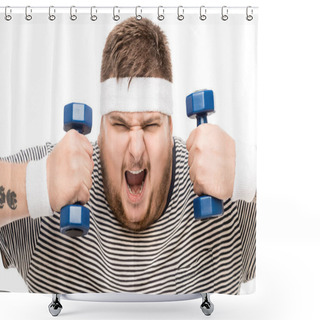 Personality  Chubby Man Yelling While Holding Dumbbells Shower Curtains