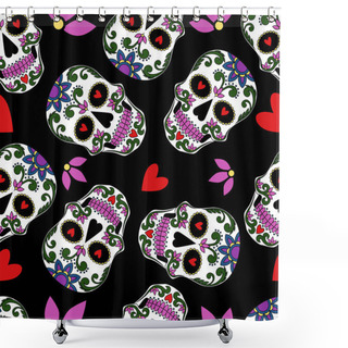 Personality  Seamless Texture With Mexican Skulls, Hearts, Flowers. Vector Image On A Black Background. Shower Curtains