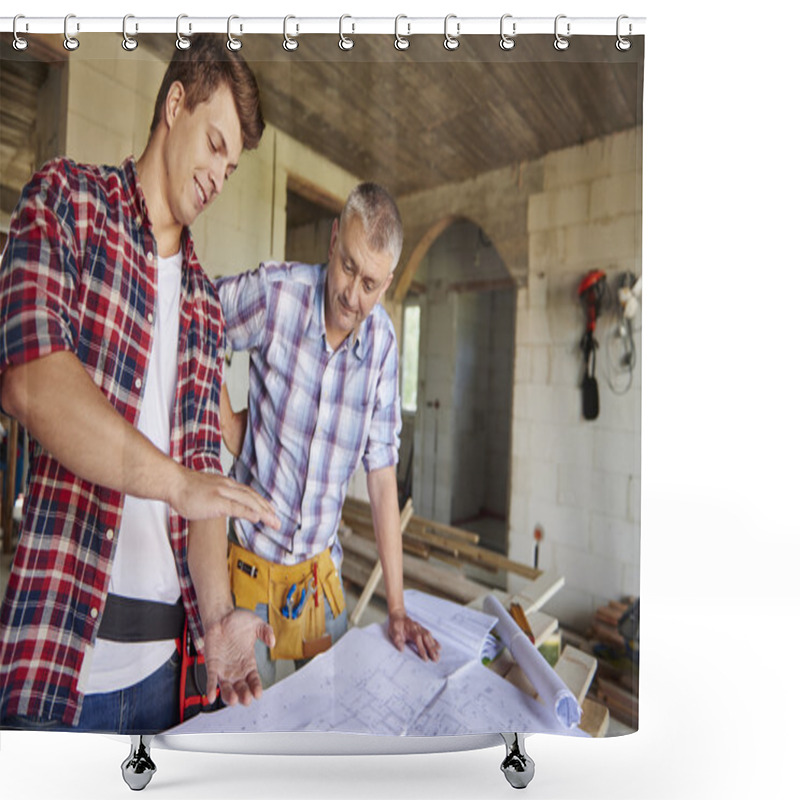 Personality  Manual Workers At Building Object Shower Curtains