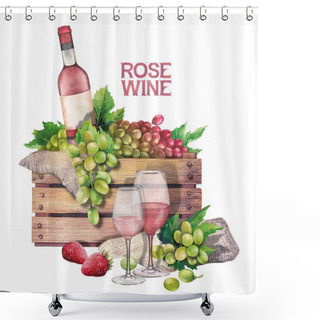 Personality  Watercolor Box With Bottle And Grapes With Wine Glasses In Front Shower Curtains
