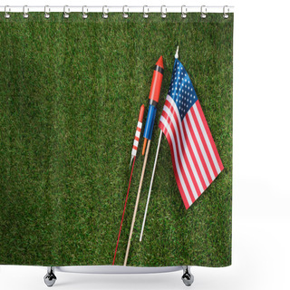 Personality  Flat Lay With American Flagpole And Fireworks On Green Grass, Americas Independence Day Concept Shower Curtains