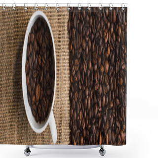Personality  Top View Of Cup With Coffee Beans And Sackcloth On Background, Panoramic Shot Shower Curtains