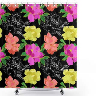 Personality  Vector Purple, Living Coral And Yellow  Isolated Peonies Illustration On Black Background. Engraved Ink Art. Seamless Background Pattern. Fabric Wallpaper Print Texture. Shower Curtains
