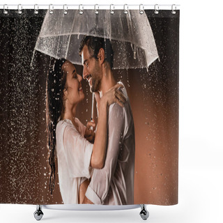 Personality  Side View Of Happy Couple Embracing While Standing With Umbrella Under Rain On Dark Background Shower Curtains