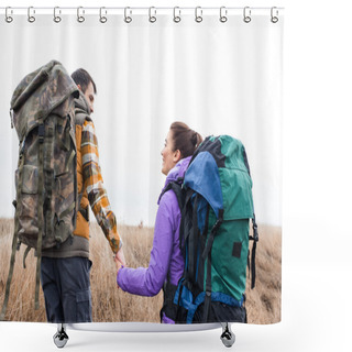 Personality  Young Couple With Backpacks Holding Hands Shower Curtains