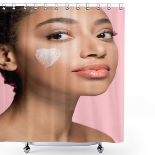 Personality  Portrait Of African American Girl With Heart Of Cream Of Cheek, Isolated On Pink   Shower Curtains