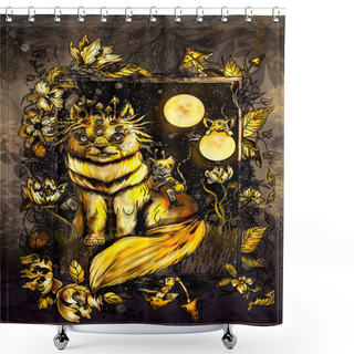 Personality  Magic Forest Cat, Fairytale Creature With A Large Beautiful Fluffy Tail And Breast, With Mushrooms Growing On The Head, With Eyes And Mustache, Sit With Mice Among Plants And Flowers Under The Moons. Shower Curtains