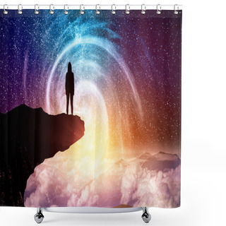 Personality  Rear View Of Backlit Hacker Standing On Beautiful Cloudy Starry Sky Space Background. Freedom And Attack Concept  Shower Curtains