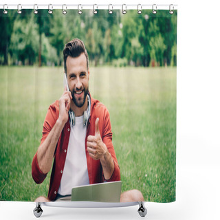 Personality  Young Man Sitting On Grass With Laptop, Talking On Smartphone And Showing Thumb Up Shower Curtains