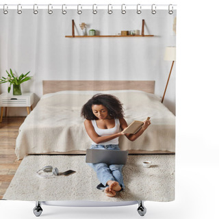 Personality  Curly African American Woman In Tank Top Sitting On Floor, Deep In Reading A Book In Modern Bedroom Setting. Shower Curtains