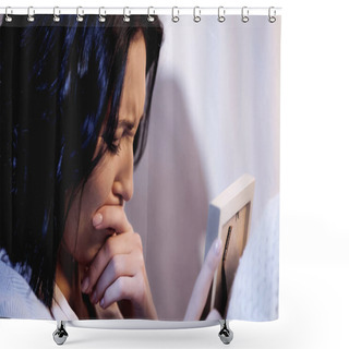 Personality  Woman Holding Photo Frame And Crying With Mouth Covered With Hand At Home Shower Curtains
