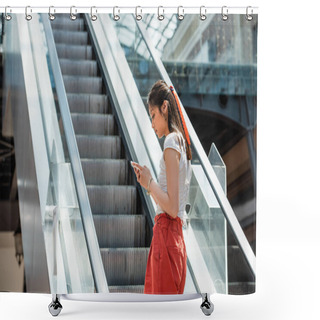 Personality  Young Asian Woman Messaging On Mobile Phone On Escalator Shower Curtains