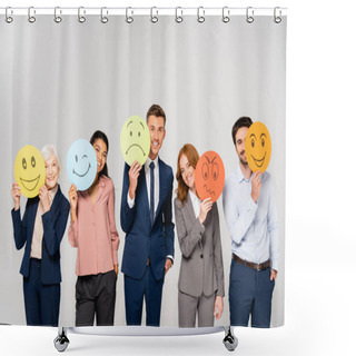 Personality  Multiethnic Businesspeople Smiling At Camera While Holding Cards With Emotions Isolated On Grey Shower Curtains