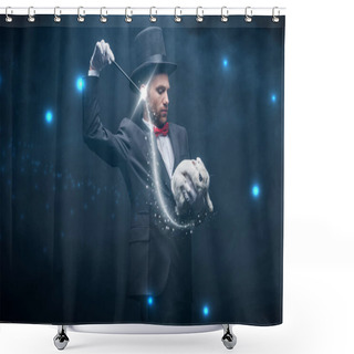 Personality  Emotional Magician In Suit And Hat Showing Trick With Wand And White Rabbit, Dark Room With Smoke And Glowing Illustration Shower Curtains