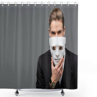 Personality  Businessman Holding Mask Near Face While Looking At Camera Isolated On Grey Shower Curtains