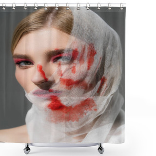 Personality  Young Woman With Red Print Of Hand On Medical Bandage On Face Isolated On Grey  Shower Curtains
