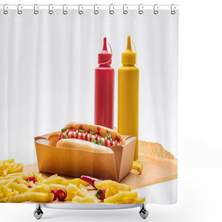 Personality  Close-up Shot Of Hot Dog With French Fries On White Surface Shower Curtains