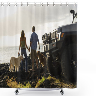 Personality  Couple And Dogs At The Beach Shower Curtains