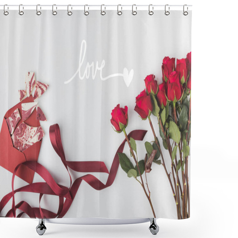 Personality  flat lay with arrangement of red roses with ribbon and envelope with sweet dessert isolated on white, st valentines day concept shower curtains