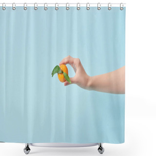 Personality  Cropped View Of Woman Holding Tasty Tangerine In Hand Isolated On Blue  Shower Curtains