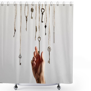 Personality  Top View Of Vintage Rusty Keys On White Background Shower Curtains