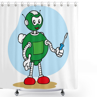 Personality  Illustration Of A Robot Character Mascot, Under General Services And Holding Repair Tool, Ideal For The Field Of Training And Internal Shower Curtains