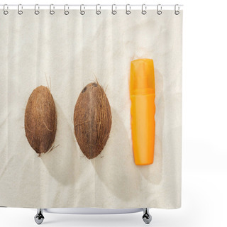 Personality  Flat Lay With White Orange Sunscreen Lotion And Coconuts On Golden Sand Shower Curtains