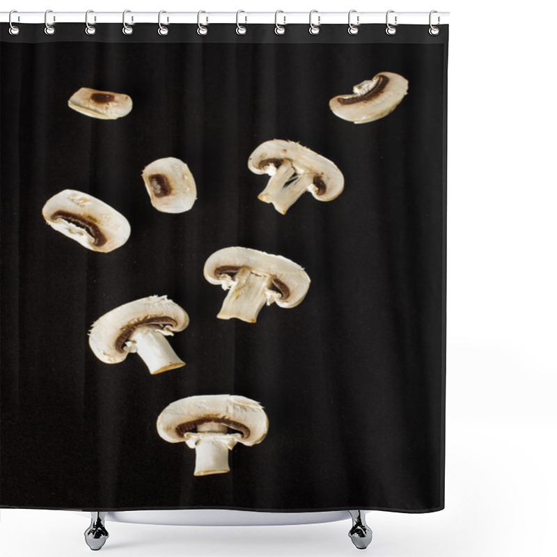 Personality  Raw Champignon Mushroom Slices On The Dark Background Shower Curtains