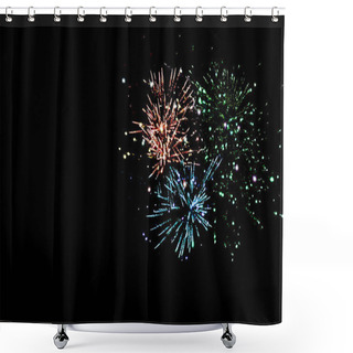 Personality  Blue, Green And Orange Traditional Fireworks In Dark Night Sky, Isolated On Black Shower Curtains