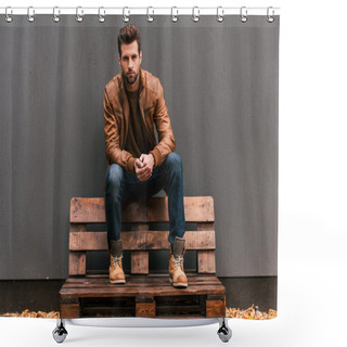 Personality  Handsome Man Sitting On The Wooden Pallet Shower Curtains