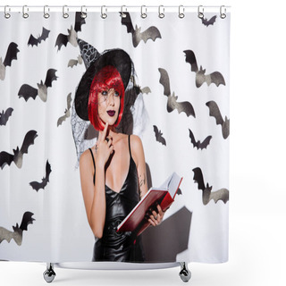 Personality  Thoughtful Girl In Black Witch Halloween Costume With Red Hair Holding Book Near White Wall With Decorative Bats Shower Curtains