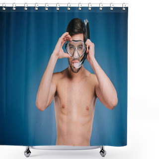 Personality  Handsome Shirtless Young Man In Snorkel And Scuba Mask Looking At Camera On Blue  Shower Curtains