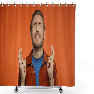Personality  Bearded Young Man With Closed Eyes And Crossed Fingers On Orange  Shower Curtains