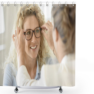 Personality  Woman  Trying Eyeglasses On Shower Curtains