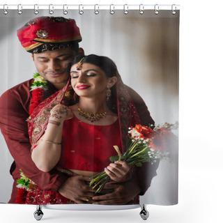 Personality  Pleased Indian Man Hugging Happy Bride With Bouquet Of Flowers On White Shower Curtains