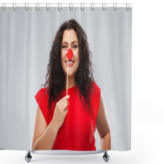Personality  Happy Woman With Red Clown Nose Posing Shower Curtains