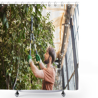 Personality  Handsome Gardener In Gloves And Apron Cutting Branch On Tree With Big Secateurs In Greenhouse Shower Curtains