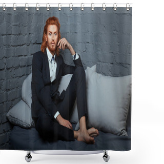 Personality  On The Bed A Man With Freckles And Red Hair. Shower Curtains