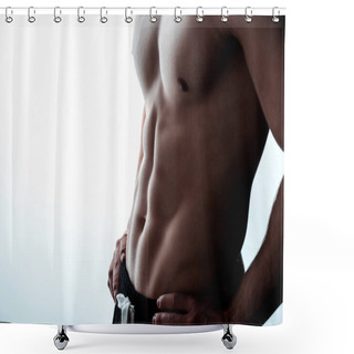 Personality  Partial View Of Sexy Muscular Bodybuilder With Bare Torso Posing In Shadow On White Shower Curtains