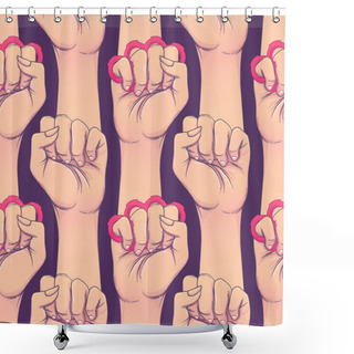 Personality  Woman's Hand With Brass Knuckles. Fist Raised Up. Girl Power. Feminism Concept. Realistic Style Vector Illustration In Pink And Purple Pastel Goth Colors Isolated On White. Seamless Pattern Design Shower Curtains