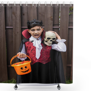 Personality  Asian Boy In Halloween Costume Showing Angry Grimace And Screaming With Skull And Trick Or Treat Bucket Shower Curtains