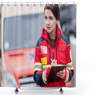 Personality  Female Paramedic In Red Uniform Writing In Clipboard Shower Curtains