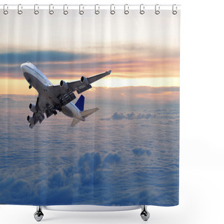 Personality  Big Passenger Airplane Flying Above The Clouds And Sunset Shower Curtains