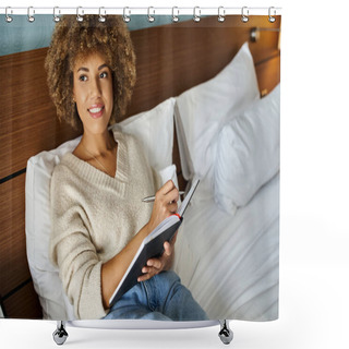 Personality  Dreamy And Happy African American Woman Planning Her Next Trip, Holding Pen And Notebook Shower Curtains
