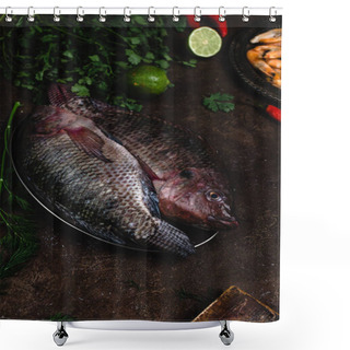 Personality  Close-up View Of Fresh Raw Fish On Vintage Plate With Limes And Herbs On Dark Surface Shower Curtains