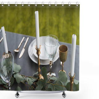 Personality  Close Up View Of Rustic Table Setting With Wine Glasses, Eucalyptus, Old Fashioned Cutlery, Candles In Candle Holders And Empty Plates Shower Curtains